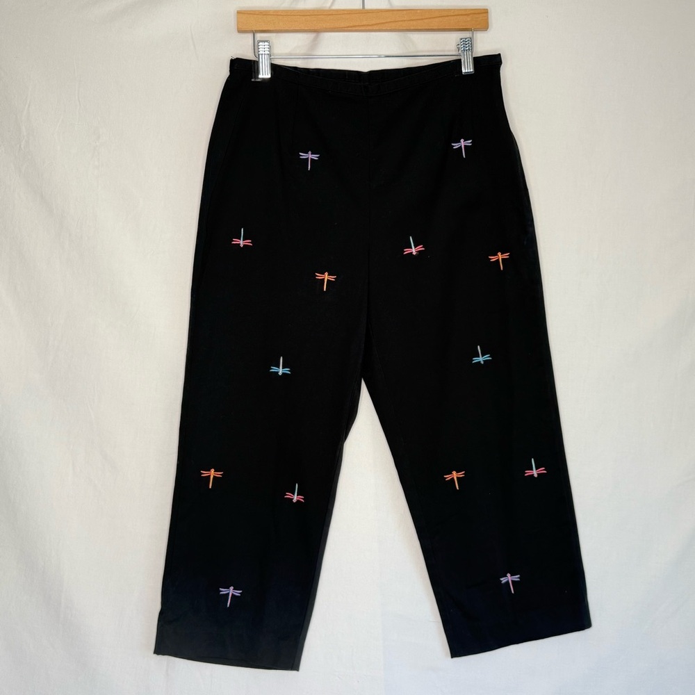 Black Pants with Colorful Dragonfly Embroidery